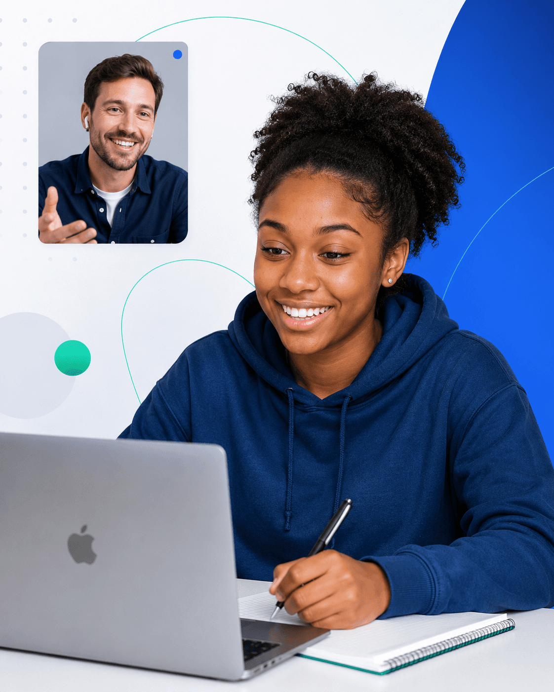 A student smiling during an online tutoring video call with her tutor
